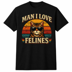 T-shirt Homme J'aime Félines Rétro Coucher de Soleil Chat
