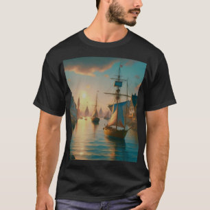 T-shirt hoog Schepen op de rivier bij zonsondergan