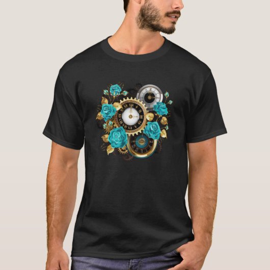 T-shirt Horloge à vapeur et Roses turquoise (Devant)