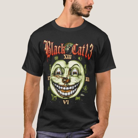 T-shirt Horloge Halloween du chat noir 13 (Devant)