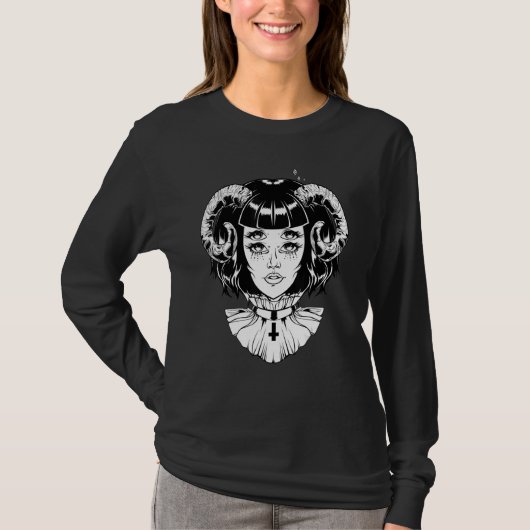 T-shirt Horned Devil Satanic Halloween Glitch Goth Emo Pun (Devant)
