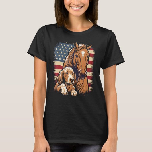 T-shirt Horse and Dog With USA Flag Horseback Riding Eques (Devant)