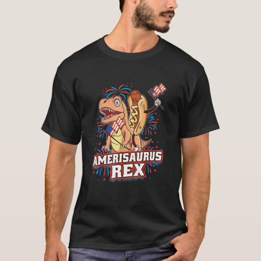 T-shirt Hotdog T Rex Dinosaur 4th of July Amerisaurus Funn (Devant)