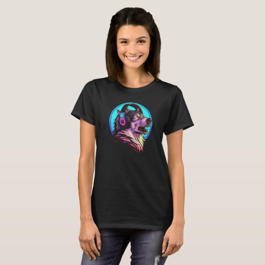 T-shirt Howling Wolf 80s Werewolf With Headphones Retro Mu (Devant entier)