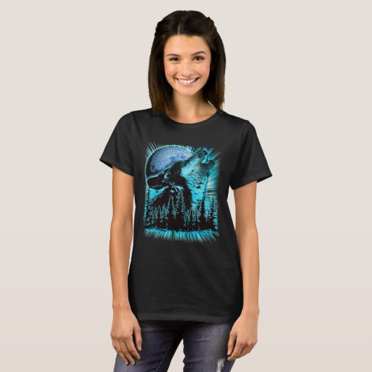T-shirt Howling Wolf Moon Pine Forest Cool (Devant entier)