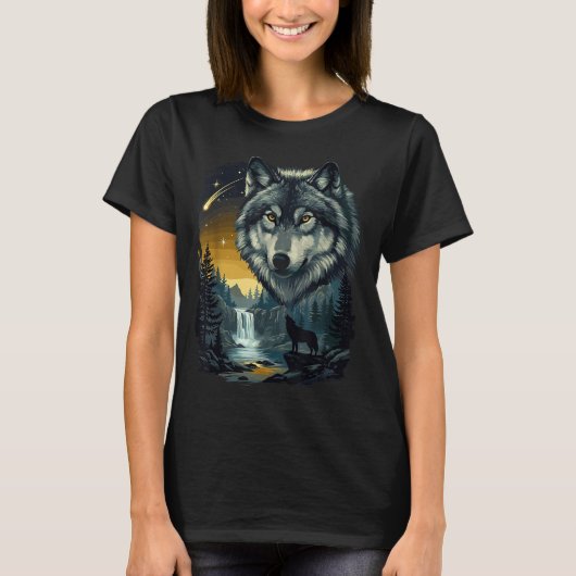 T-shirt Howling Wolf Waterfall Scene For Nature Lovers And (Devant)