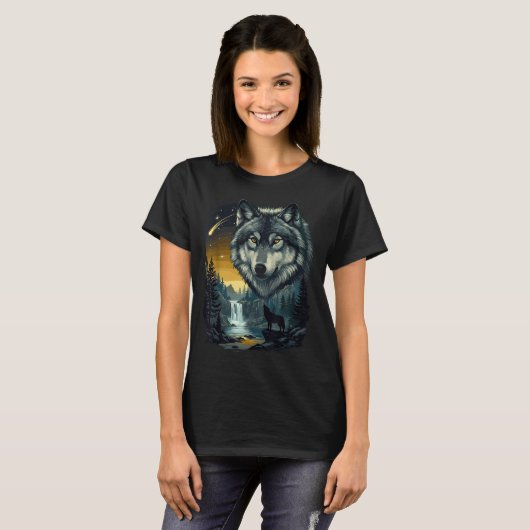 T-shirt Howling Wolf Waterfall Scene For Nature Lovers And (Devant entier)