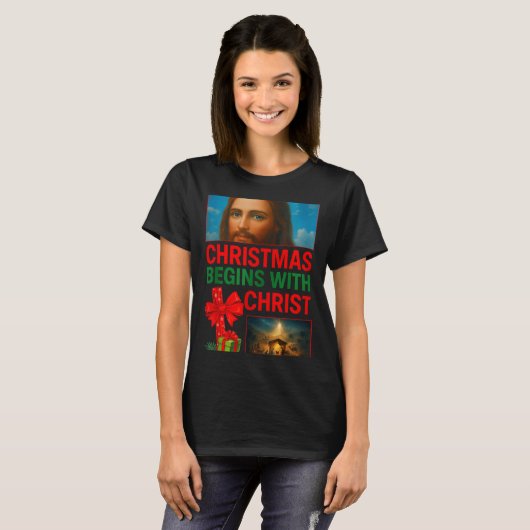T-shirt Hugvyn Christmas Begins With Christ Jesus Cross Ch (Devant entier)