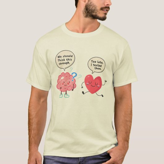 T-shirt Humorous Brain vs Heart Cartoon, Overthinker Humor (Devant)