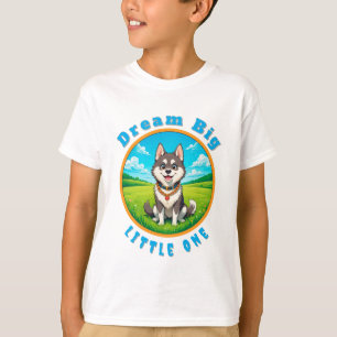 T-shirt Husky Chien de Dessin Animé Heureux Assis à l'Exté