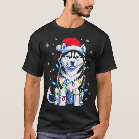 T-shirt Husky Dog Christmas Lights Santa Hat Family Xmas P (Devant)