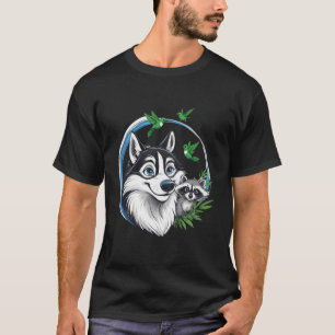 T-shirt Husky Heureux avec Raton Laveur et Colibris
