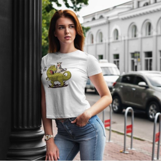 T-shirt Husky Riding Dinosaur