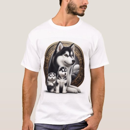 T-shirt Husky Sibérien Avec Pups (Devant)