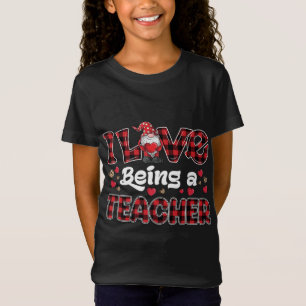 T-Shirt I Love Being Teacher Red Coeurs plaid gnome Valent