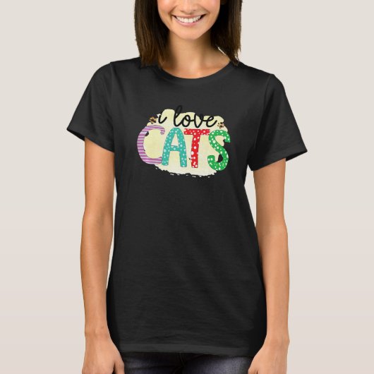 T-shirt I Love Cats Graphic Patchwork Cat (Devant)