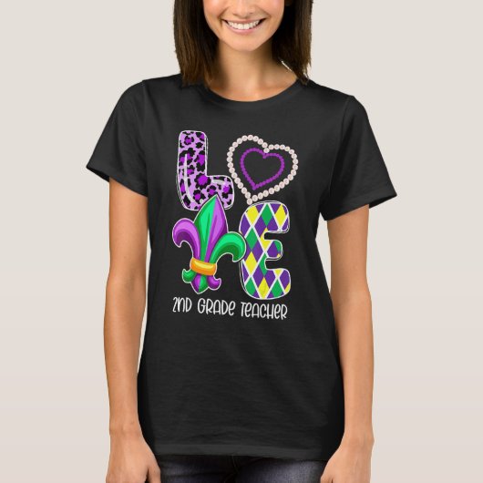 T-shirt I Love Mardi Gras Enseignant de 2e année Plaid Leo (Devant)