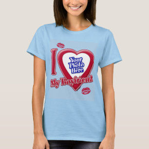 T-shirt I Love My Boyfriend Photo Red Heart Kiss Light Blu