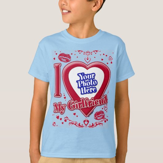 T-shirt I Love My Girlfriend Photo Red Hearts Light Blue (Devant)