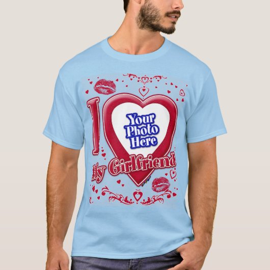 T-shirt I Love My Girlfriend Photo Red Hearts Light Blue (Devant)