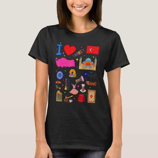 T-shirt I love Turkey  Hand drawn Turkish Landmarks  flag  (Devant)