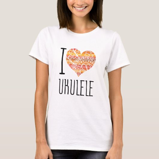 T-shirt I Love Ukulele Orange Mandala Heart (Devant)