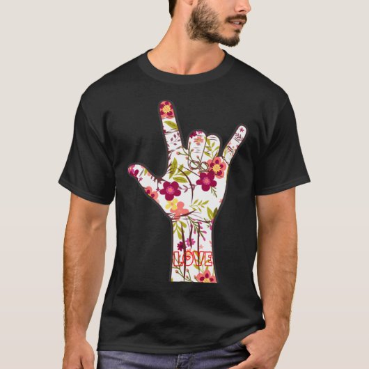 T-shirt I Lovely You Sign Language ASL Lovely Floral (Devant)