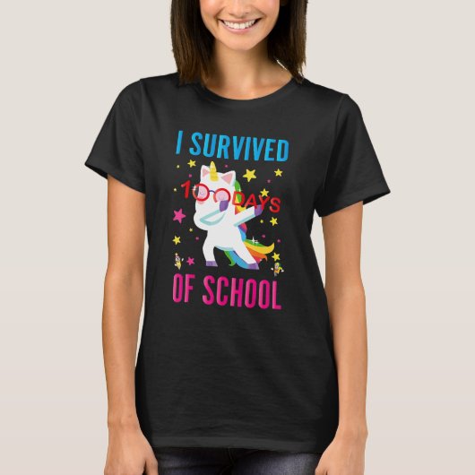 T-shirt I Survived 100 Days Of School Dabbing Unicorn Flos (Devant)