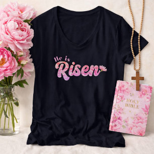 T-shirt Il Est Ressuscité Rose Floral Gras Lettrage Pâques