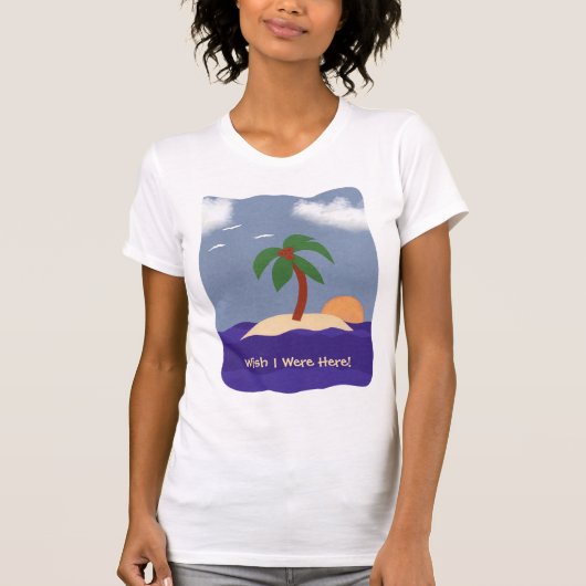 T-shirt Île avec palmier, coucher de soleil et mouettes (Devant)