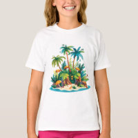Île tropicale – Scène de plage colorée avec des pa