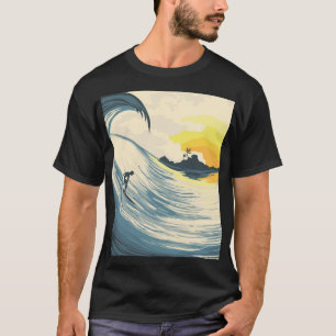 T-shirt Île tropicale, vague, coucher de soleil de surfer.