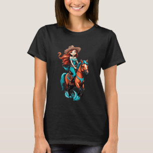 T-shirt Illustration d'art de jolie cowgirl à cheval sur u