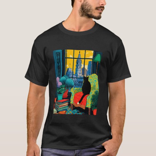 T-shirt Illustration de chat smoking sur la skyline de Phi (Devant)