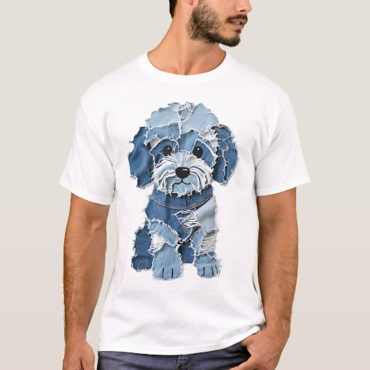 T-shirt Illustration de chien en patchwork de denim mignon (Devant)