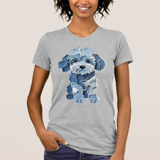 T-shirt Illustration de chien en patchwork de denim mignon (Devant)