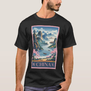 T-shirt Illustration de Chine Rose Art de Voyage Vintage