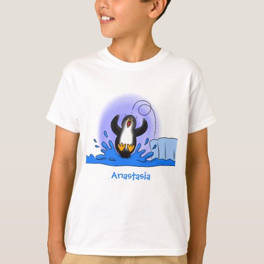 T-shirt Illustration de dessin animé de manchot sautant he (Devant)