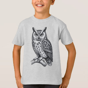T-shirt Illustration de hibou gravée noir et blanc vintage