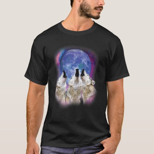 T-shirt Illustration de trois loups hurlant au loup de lun (Devant)