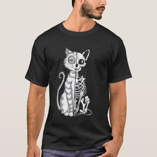 T-shirt Illustration d'Halloween de chat moitié squelette (Devant)