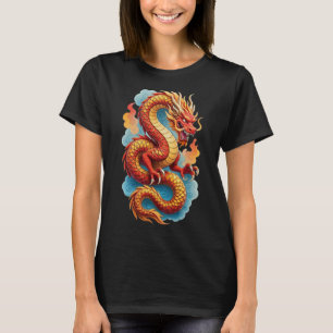 T-shirt Illustration Fiery Dragon Rouge Chinois