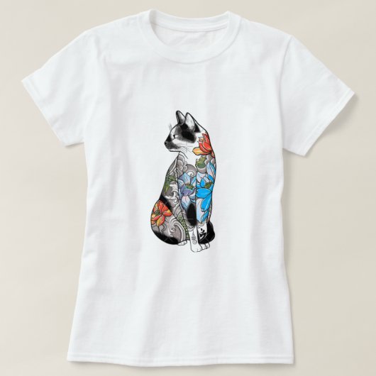 T-shirt Illustration florale de chat de tatouage - Vibrant (Design devant)