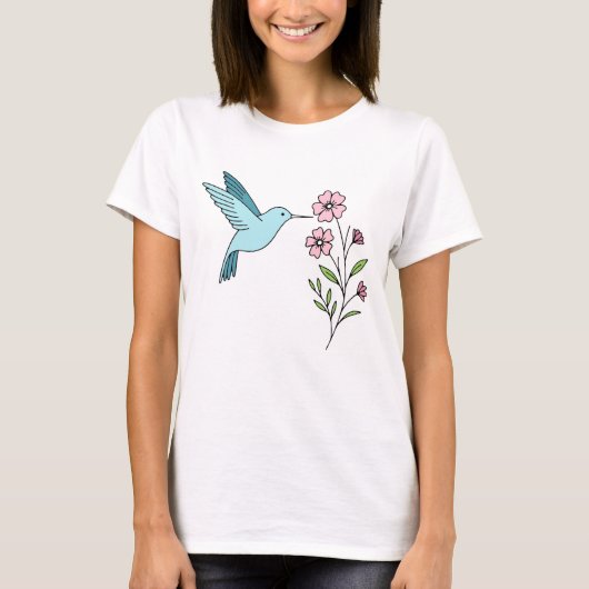 T-shirt Illustration florale de colibri et rose (Devant)