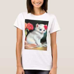 T-shirt Illustration vintage de Kitten blanc avec fleurs r