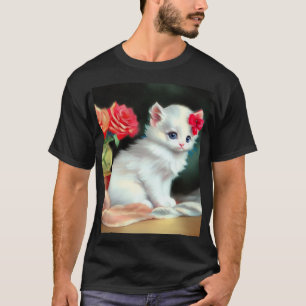 T-shirt Illustration vintage de Kitten blanc avec fleurs r