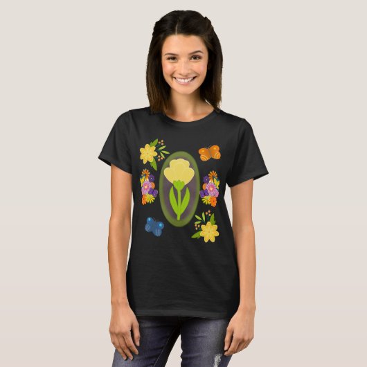 T-shirt Image de la Tulipe Jaune aux fleurs et papillons (Devant entier)