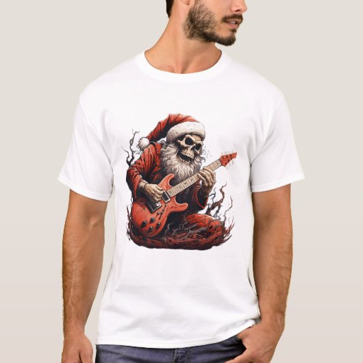 T-shirt Imaginaire Skull Skeleton Père Noël Jouer Guitare  (Devant)
