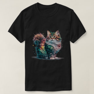 T-shirt Impression d'art aquarelle Chat Arc-en-Ciel Fluffy