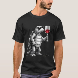T-shirt impression d'art de tortue cool buvant du vin roug